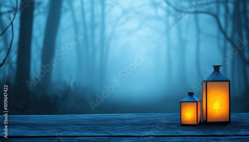 Two glowing lanterns on a wooden table in a misty forest, creating a serene and mystical atmosphere.