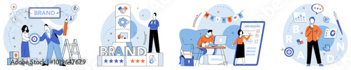 Brand building vector illustration. Build, sculptor, shapes contours and aesthetics brand under construction Business, ecosystem, sets stage for flourishing brands through strategic building