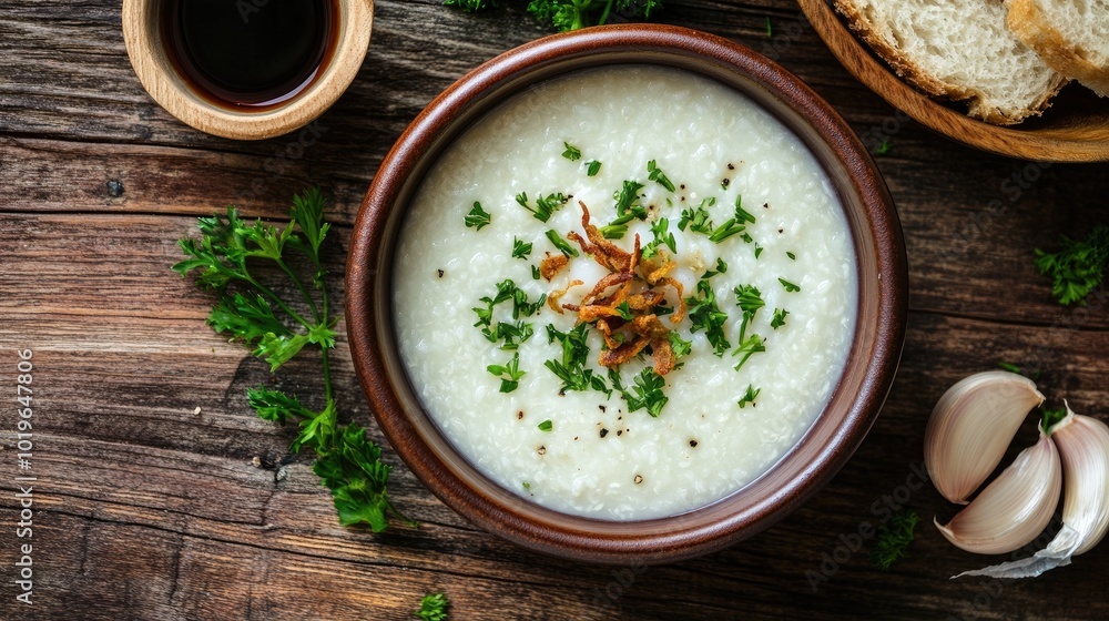 Creamy Soup with Fresh Herbs and Bread on Table Creamy Soup with Fresh Herbs and Bread on Table