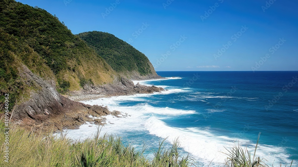 Fototapeta premium Serene Coastal Landscape with Blue Ocean Waves