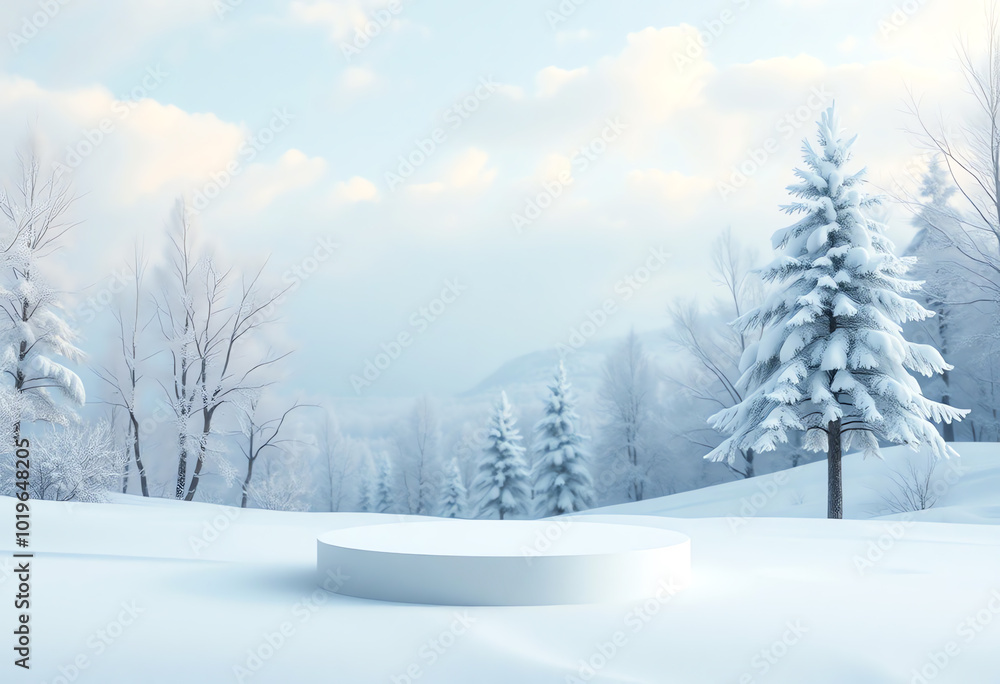 minimal Snowy round product stand display mockup with cloud and winter tree, winter fantasy landscape background minimal Snowy round product stand display mockup with cloud and winter tree, winter fantasy landscape background