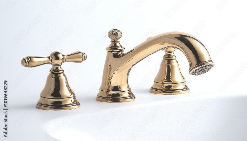 A polished gold faucet set featuring a two-handle design and a curved spout, ideal for bathrooms or kitchens. A polished gold faucet set featuring a two-handle design and a curved spout, ideal for bathrooms or kitchens.