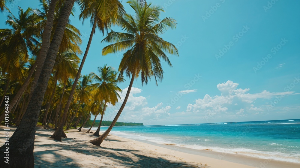Obraz premium Palm trees lining a white sandy beach with turquoise blue water.