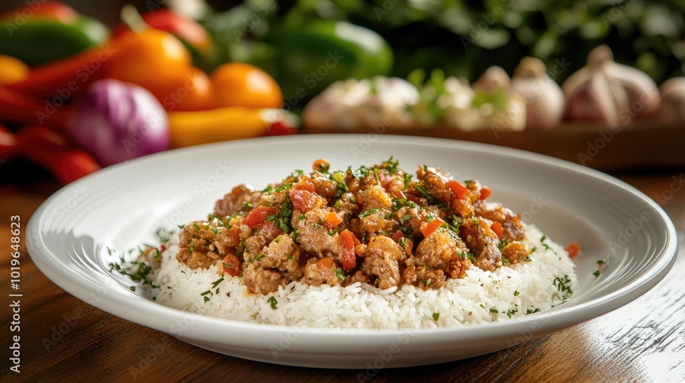 Delicious plate of rice with savory meat topping Delicious plate of rice with savory meat topping