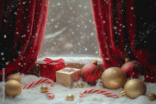 Red Christmas background with gifts, candy canes, and snow in a festive and minimalist design