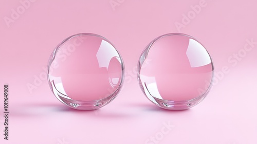Two transparent glass spheres on a pink background.