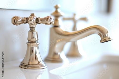 A close-up view of elegant bathroom faucets showcasing intricate design and polished metal finish, emphasizing functionality and style.