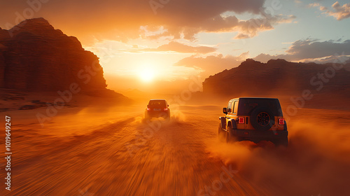 Two rugged Jeeps driving in tandem across the expansive desert landscape, captured in a vivid video still frame that conveys the essence of adventure and exploration. The scene emphasizes the exciteme photo