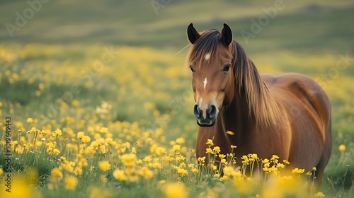 Icelandic horses grazing in calm wild natural scenery of Iceland with green meadow and yellow flowers Horse breed typical for the island in northern Europe Rural scenery panorama in mi : Generative AI photo