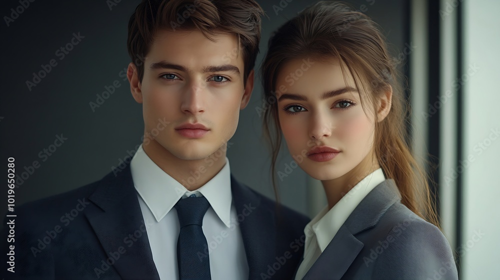 fashion shoot trendy couple in suits tailored stylish formal attire grey background models : Generative AI fashion shoot trendy couple in suits tailored stylish formal attire grey background models : Generative AI