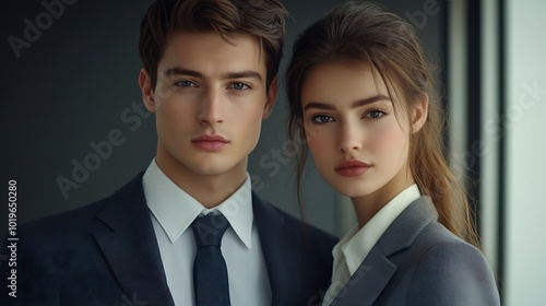 fashion shoot trendy couple in suits tailored stylish formal attire grey background models : Generative AI