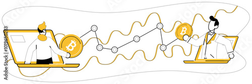 Cryptocurrency concept. Two users on laptops exchange Bitcoin while a line graph illustrates its growth. Ideal for blockchain technology, online transactions, digital wallets, peer-to-peer exchange