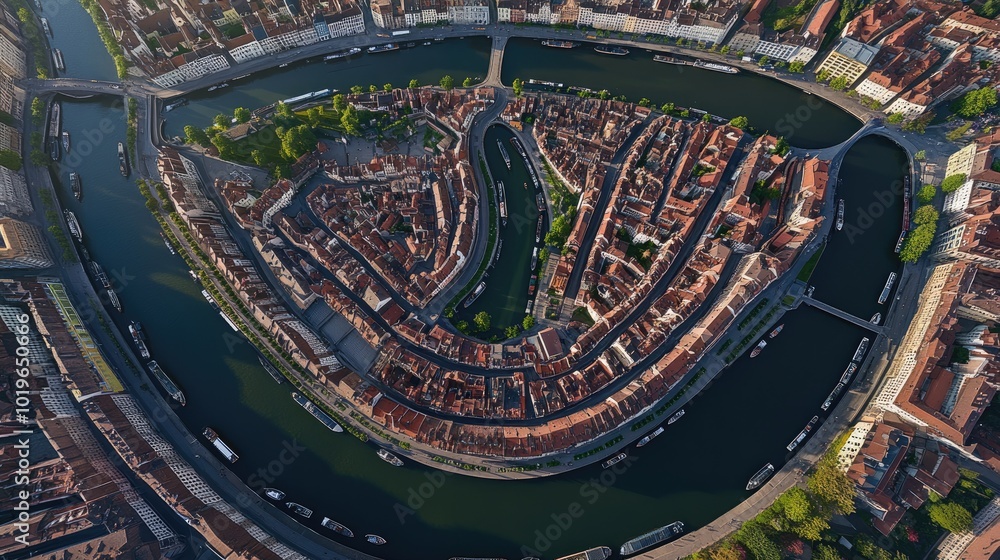 Aerial View of Scenic River and City Layout Aerial View of Scenic River and City Layout