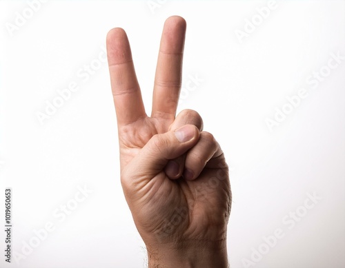 man's hand showing piece sign 2 fingers on white background