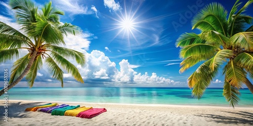 Tranquil Beach Scene with Lush Palm Trees, Bright Sun, and Blue Skies, Perfect for Relaxation and Escape