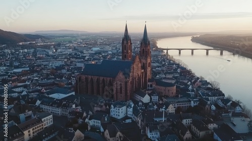 Aerial View of Cathedral Overlooking River and Townscape