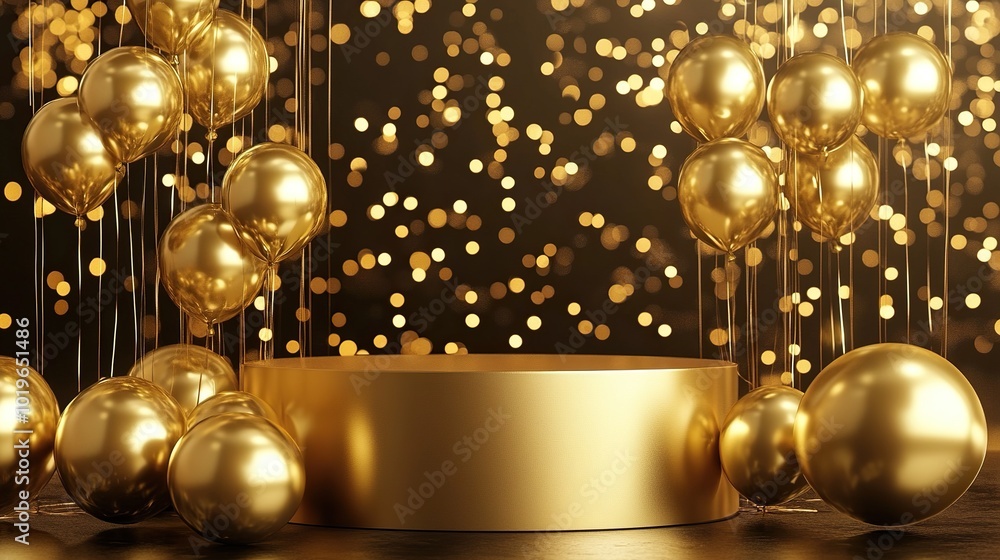 Gold podium pedestal product stand 3d background luxury celebration display with golden birthday party balloon anniversary exhibition and festive presentation studio showcase decoration premium scene Gold podium pedestal product stand 3d background luxury celebration display with golden birthday party balloon anniversary exhibition and festive presentation studio showcase decoration premium scene