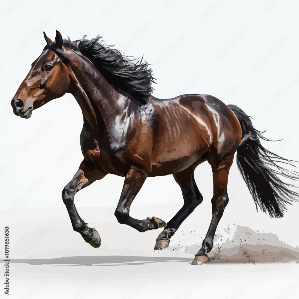 Beautiful bay horse galloping isolated on white background with shadow. Beautiful bay horse galloping isolated on white background with shadow.