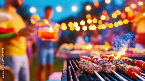 Enjoy a perfect evening BBQ cookout, featuring grilled meat, fresh tomatoes, and ambient festive lights.