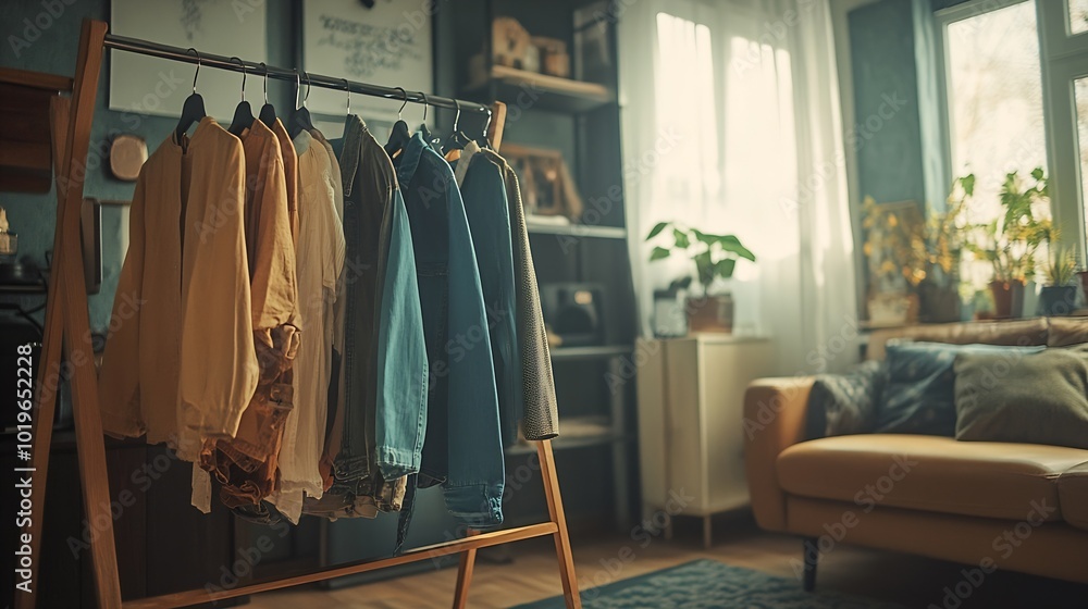 Interior of living room with clothes rack steamer and sofa : Generative AI Interior of living room with clothes rack steamer and sofa : Generative AI