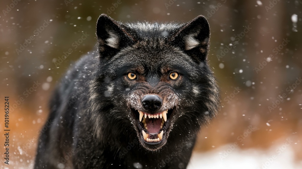 A fierce black wolf displays its sharp teeth and intense gaze against a blurred winter forest backdrop. A fierce black wolf displays its sharp teeth and intense gaze against a blurred winter forest backdrop.