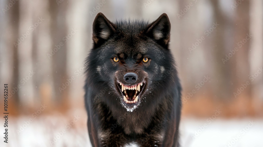 A fierce black wolf displays its sharp teeth and intense gaze against a blurred winter forest backdrop. A fierce black wolf displays its sharp teeth and intense gaze against a blurred winter forest backdrop.
