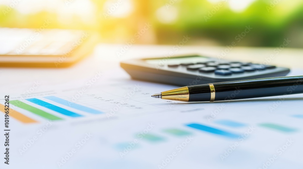 Fototapeta premium Analyze financial distress with graphs, a petition for bankruptcy, and essential tools like a pen and calculator.