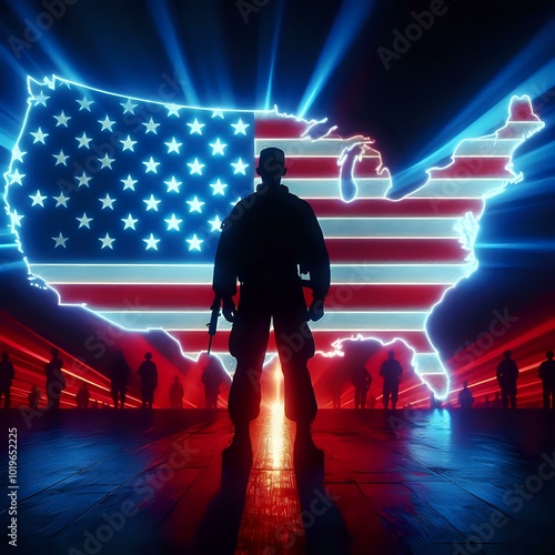 Silhouette of Soldier Against American Flag Map