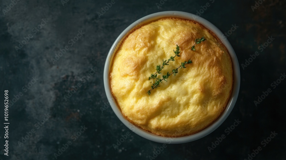 Savory Soufflé Topped with Fresh Thyme Sprig Savory Soufflé Topped with Fresh Thyme Sprig
