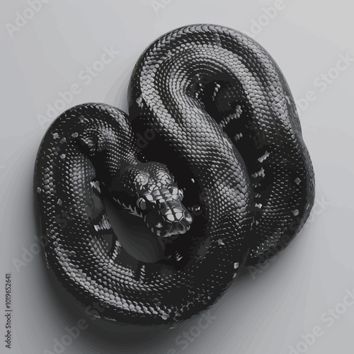 Black snake on a gray background. 3D illustration. Isolate.