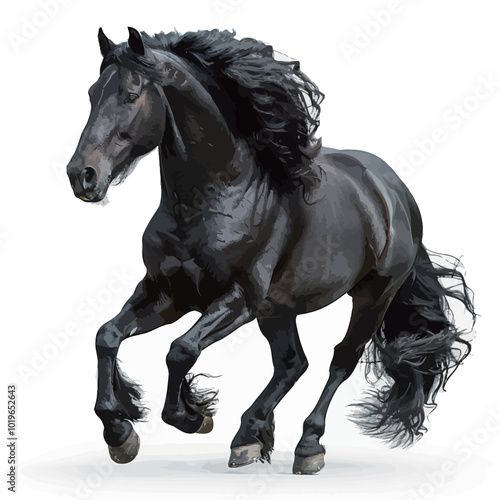Black horse galloping isolated on white background. 3D illustration. 