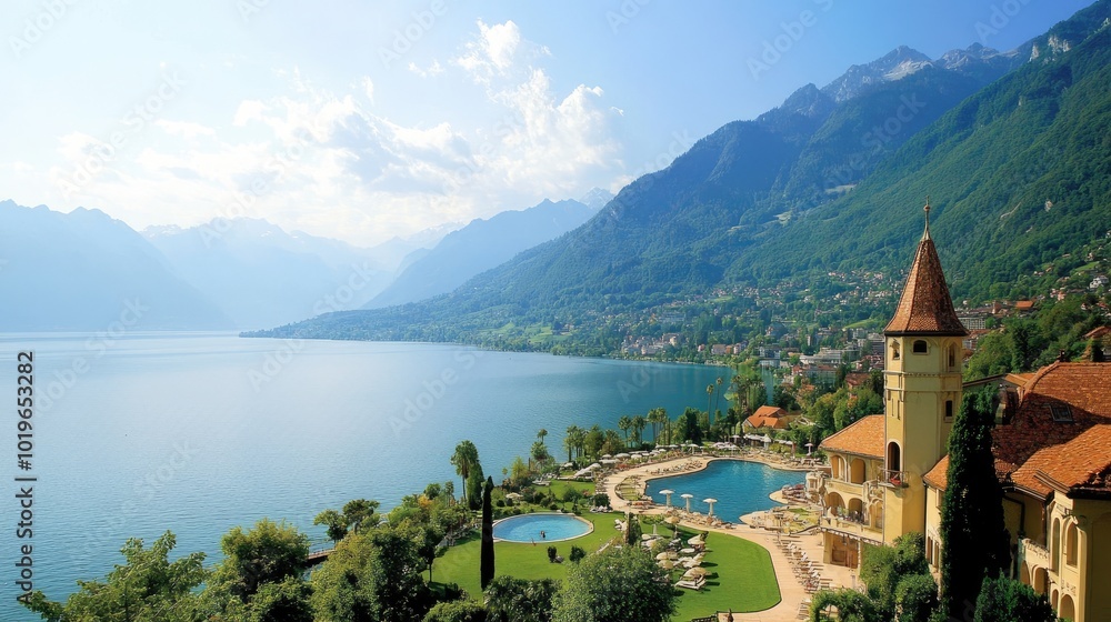 Scenic Lakeview with Mountains and Elegant Resort Scenic Lakeview with Mountains and Elegant Resort