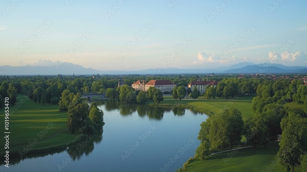 Obraz premium Serene Landscape with Lake and Lush Greenery