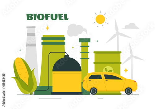 Biofuel Life Cycle of Natural Materials and Plants with Green Barrels and Biogas Production Energy in a Flat Cartoon Background Vector Illustration