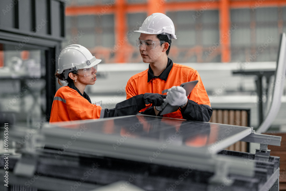 Factory metal workers install solar panels, cut costs, earn carbon credits, combat climate change. Factory metal workers install solar panels, cut costs, earn carbon credits, combat climate change.