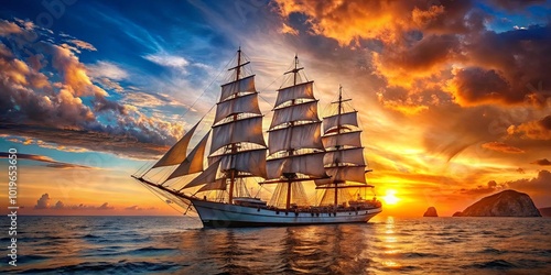 A majestic ship with billowing sails glides gracefully through the tranquil waters, illuminated by the golden rays of a breathtaking sunset, casting a shimmering reflection on the ocean surface.