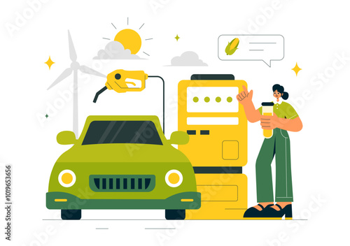 Biofuel Life Cycle of Natural Materials and Plants with Green Barrels and Biogas Production Energy in a Flat Cartoon Background Vector Illustration