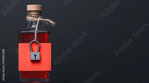 Alcohol Bottle with Lock Symbolizing the Concept of Controlling One s Urges and Addictions  Still Life Photography Featuring a Glass Liquor Bottle with a Padlock on it photo