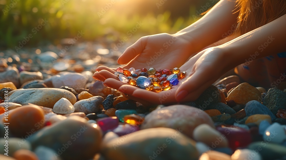 close up of woman hands with with gem stones accessories outdoors : Generative AI close up of woman hands with with gem stones accessories outdoors : Generative AI