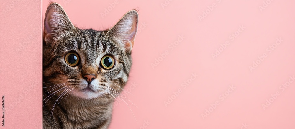 Obraz premium Curious Cat Peeking From Behind a Pink Wall