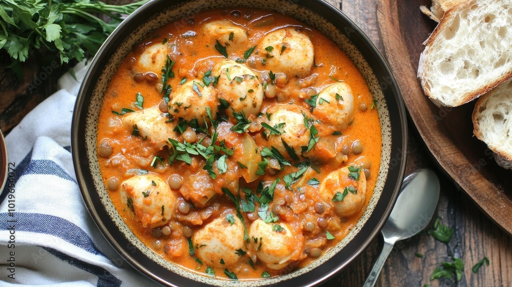 Delicious Lentil and Dumpling Soup in a Rustic Bowl Delicious Lentil and Dumpling Soup in a Rustic Bowl