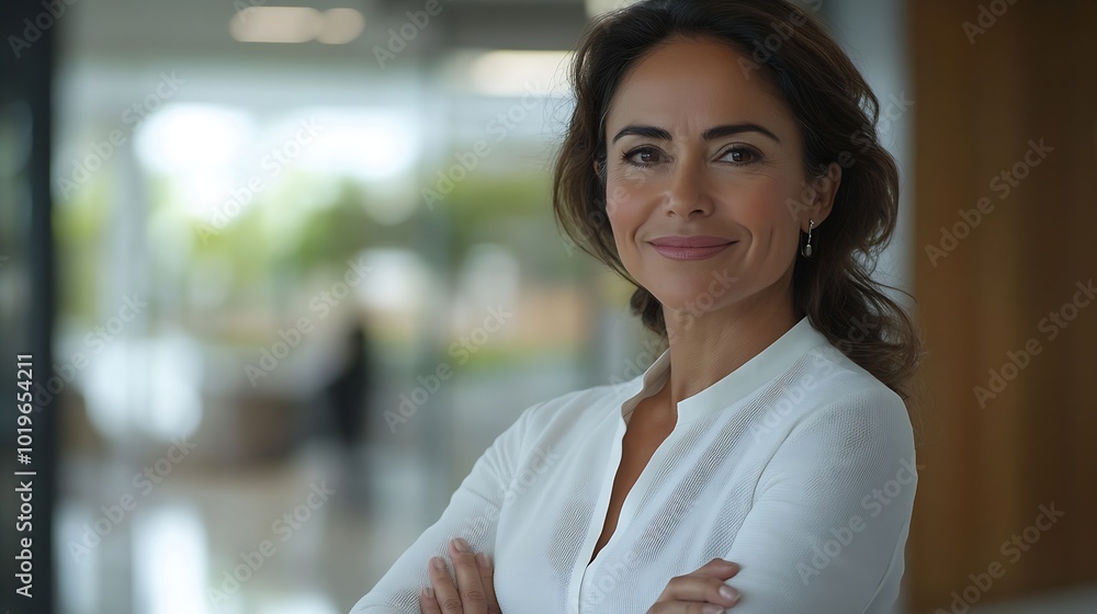 Happy cheerful 45 year old Latin professional mid aged business woman corporate leader smiling positive mature female executive manager standing in office arms crossed looking at camer : Generative AI Happy cheerful 45 year old Latin professional mid aged business woman corporate leader smiling positive mature female executive manager standing in office arms crossed looking at camer : Generative AI