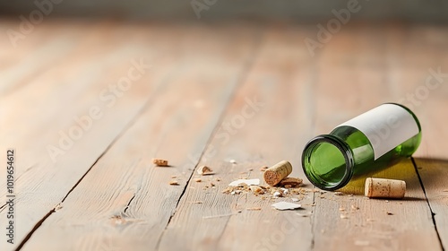 Broken glass bottle of alcohol spilled on a rustic wooden floor depicting the concept of breaking free from addiction and the struggle to overcome substance abuse issues