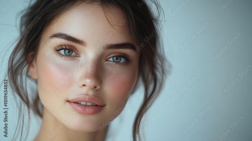 Obraz premium Closeup of a beauty studio portrait of an attractive young woman on a gray isolated background A charming girl with perfect skin and hair poses and looks at the camera : Generative AI