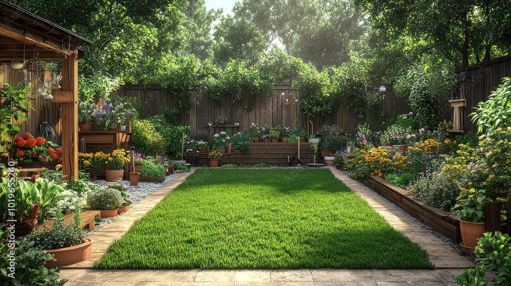 Lush garden filled with flowers, plants, and a vibrant lawn area. Lush garden filled with flowers, plants, and a vibrant lawn area.