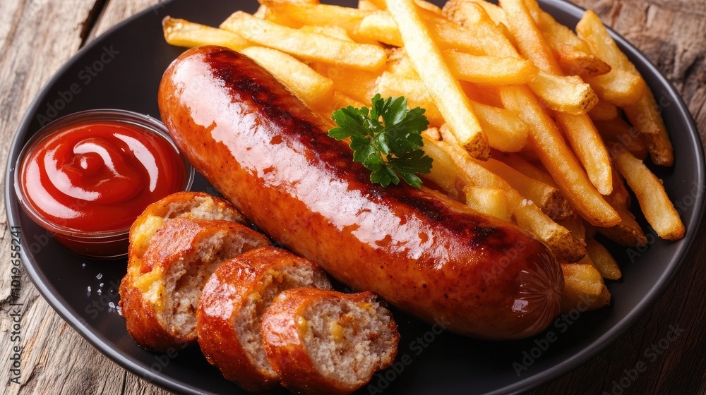 Delicious Sausage with Crispy French Fries and Ketchup Delicious Sausage with Crispy French Fries and Ketchup