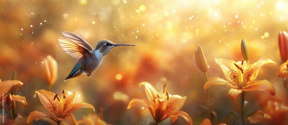 Hummingbird in flight with orange lilies in a golden bokeh background. Hummingbird in flight with orange lilies in a golden bokeh background.
