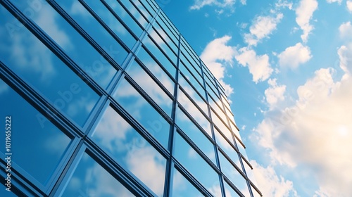 Skyward Ambition: A captivating perspective of a modern glass skyscraper reaching for the heavens, reflecting the vibrant blue sky and fluffy clouds.