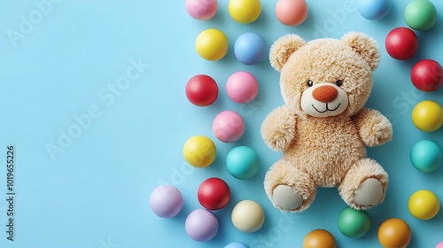 Baby kids toy frame background Teddy bear colorful wooden educational sensory sorting and stacking toys for children on light blue background Top view flat lay : Generative AI