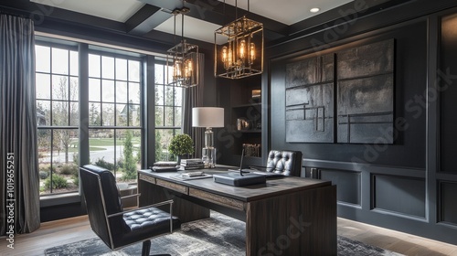 Wallpaper Mural A modern home interior featuring chic desk lighting, with industrial-style light fixtures hanging from the ceiling, creating a stylish, functional workspace. Torontodigital.ca